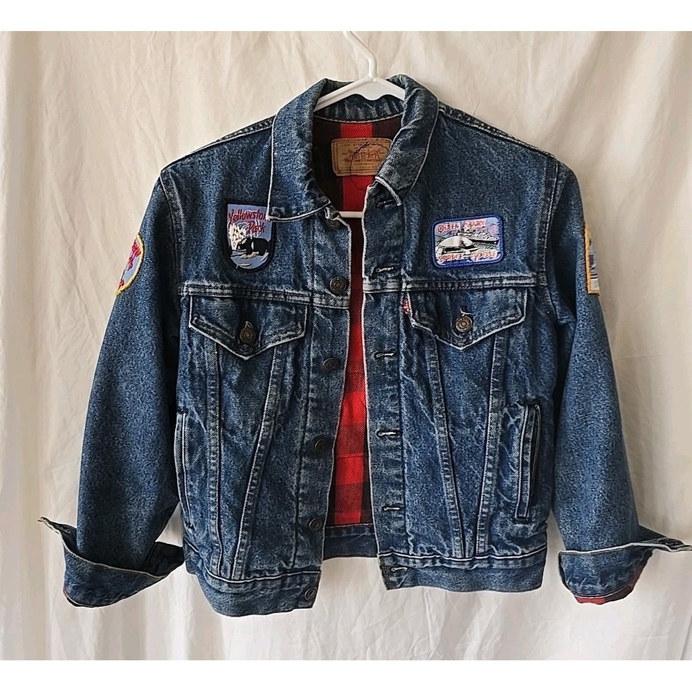 Vintage Levi's Buffalo Plaid Flannel Lined‎ Denim Trucker Jacket Kids Size 18...